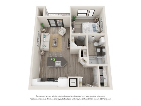 Floor plan for 1 bed, 1 bath, 676 sqft